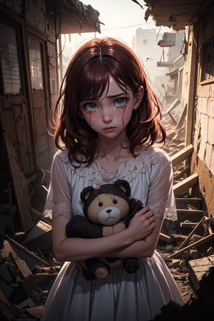 A poignant masterpiece! In this ultra-detailed, 8K UHD scene, a sorrowful city lies in ruins, with crumbling buildings and debris scattered everywhere. A child, red-haired girl, dressed in white, stands amidst the devastation, her natural locks framing her tear-stained face as she clutches a pink plush toy tightly. Soft, dappled light casts a warm glow on her features, while harsh reflections from broken glass and metal shards create eerie shadows. The camera's POV is childlike, capturing the girl's anguished expression as tears fall gently down her cheeks, illuminated by the subtle, ray-traced lighting effects.