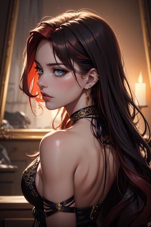 A striking portrait of a ravishing redhead, set against a dramatic backdrop of dark tones and subtle highlights. A cascade of fiery locks tumbles down her back, adorned with intricate black ribbons that wrap around large silver rings, securing them in place. Her piercing gaze captures the camera's attention, as she strikes a confident pose, her features illuminated by soft, golden lighting.