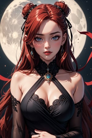 A stunning red-haired beauty sits serenely, her fiery locks adorned with intricate black ribbons tied around large, ornate rings that wrapthe ribbons.Soft, the Moon lighting illuminates her face, casting a warm glow on her porcelain skin and brightening the crimson hue of her hair.