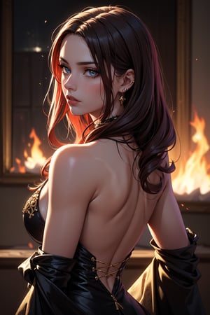 A striking portrait of a ravishing redhead, set against a dramatic backdrop of dark tones and subtle highlights. A cascade of fiery locks tumbles down her back, adorned with intricate black ribbons that wrap around large silver rings, securing them in place. Her piercing gaze captures the camera's attention, as she strikes a confident pose, her features illuminated by soft, golden lighting.