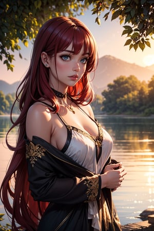 Golden sunset glow illuminates the stunning beauty's fiery locks, as black ribbons are intricately tied to large silver rings wrapping around her vibrant red hair. Framed by a soft focus, her piercing gaze meets the camera's lens, surrounded by a serene natural setting with lush greenery and a tranquil lake in the distance.