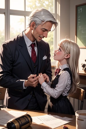 A warm and intimate moment is captured as a distinguished gentleman with striking white hair tenderly guides his young daughter by the hand on her first day of school. The soft focus and gentle lighting emphasize the loving connection between father and child, while the composition highlights their small hands clasped together in a reassuring grasp. The subject's joyous expression mirrors that of his daughter, who radiates excitement and innocence. Set against a blurred background of a school building or playground, this tender scene conveys the pride and love shared by this family on this significant milestone.