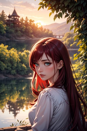 Golden sunset glow illuminates the stunning beauty's fiery locks, as black ribbons are intricately tied to large silver rings wrapping around her vibrant red hair. Framed by a soft focus, her piercing gaze meets the camera's lens, surrounded by a serene natural setting with lush greenery and a tranquil lake in the distance.