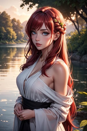 Golden sunset glow illuminates the stunning beauty's fiery locks, as black ribbons are intricately tied to large silver rings wrapping around her vibrant red hair. Framed by a soft focus, her piercing gaze meets the camera's lens, surrounded by a serene natural setting with lush greenery and a tranquil lake in the distance.