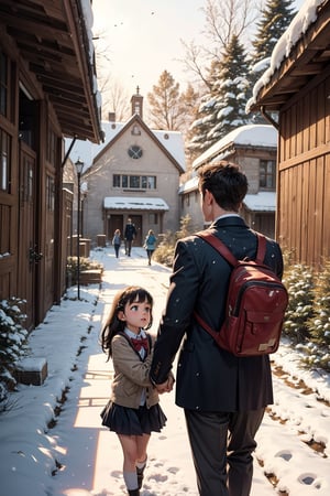 A warm sunlight illuminates a tender moment between a dashing gentleman with snowy locks and his beaming little girl. He cradles her hand in his, guiding her towards the school gates as she looks up at him with wide eyes, clutching a small backpack. The gentle slope of the lawn and rustic school building provide a picturesque backdrop for this heartwarming scene of transition.