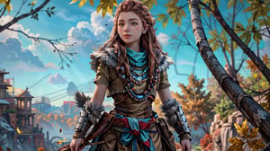 (masterpiece, best quality)1girl, AloyHorizon, solo, long hair, brown hair, brown eyes, jewelry, closed mouth, standing, upper body, weapon, braid, cowboy shot, outdoors, sky, red hair, day, necklace, tree, blue sky, lips, looking to the side, fur trim, leaf, feathers, realistic, nose, branch, autumn leaves, tribal, multiple braids    ,AloyHorizon