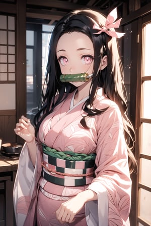 nezuko kamado, bamboo, bit gag, black hair, forehead, gag, gagged, hair ribbon, long hair, multicolored hair, (pink eyes:1.5), orange hair, slit pupils, wavy hair, two-tone hair, asa no ha (pattern), checkered sash, haori, japanese clothes, kimono, long sleeves, obi, pink kimono, sash, wariza,  wide sleeves, generate an image showing nezuko in a dojo while posing dynamically, photo of perfecteyes eyes, background,nezuko,photo of perfecteyes eyes