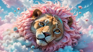 Pastel color palette, in dreamy soft pastel hues, pastelcore, pop surrealism poster illustration ||  a painting of a lion sleeping in the clouds, ash thorp, long hair with pastel colors, 🎀 🪓 🧚, depicting a flower, made in 2019, anthropomorphic female cat, the artist has used bright, lush wildlife, pastel coloring, pink and blue colour || bright hazy pastel colors, whimsical, impossible dream, pastelpunk aesthetic fantasycore art, beautiful soft pastel colors