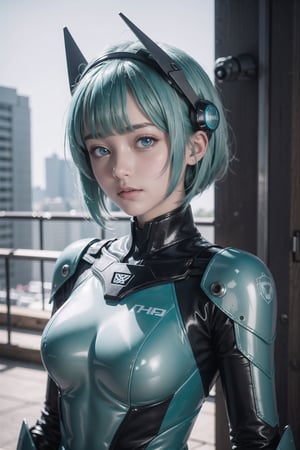 (masterpiece), science fiction, scenery,  1girl, short hair, bangs, aqua hair color, light blue eyes, mecha headgear, sci-fi bodysuits, 