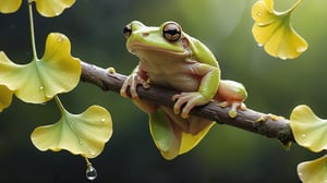 ultra Realistic, Dewdrops on green ginkgo leaves hanging on thin branches, Transparent ginkgo leaves, A tree frog struggling on a thin ginkgo tree branch, Tree frog hanging on a thin ginkgo tree branch, A tree frog struggling with its forepaws hanging on a thin ginkgo tree branch,Transparent ginkgo leaves, Realistically Expressing tree frog,Sparkling Sunshine, One transparent ginkgo leaves symbolizes breathtaking beauty, Centered in Perfect Composition, Complex Details Showing Unique and Enchanting Elements, Very Detailed Digital Painting, Golden Ratio, Dramatic Lighting, Very Realistic, 