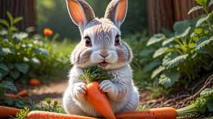 Craft a heartwarming scene featuring a cute little rabbit indulging in a delicious carrot. Imagine the adorable details of this furry friend enjoying its snack. Request a super detailed, 32k Ultra HDR image capturing the cuteness and innocence of the moment, creating a beautiful and endearing visual masterpiece of this charming little rabbit