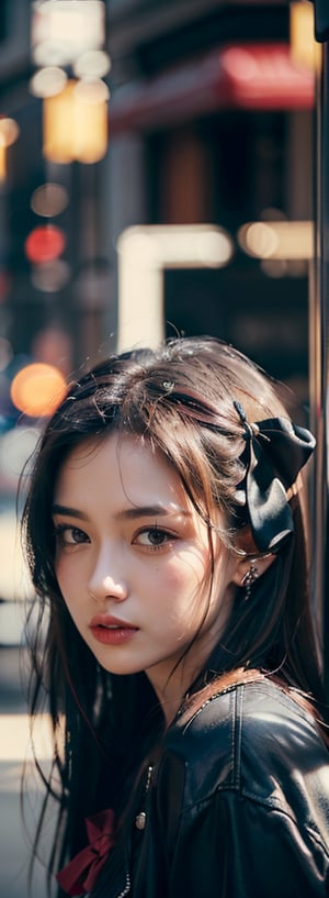 a young woman,looking at the camera, posing,ulzzang, streaming on twitch, character album cover,red moment,style of bokeh,daily wear,moody lighting,appropriate comparison of cold and warm, hair over one eye, bow on head, reality,idol,Beauty,beauty