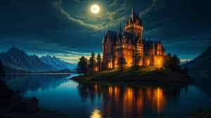 masterpiece, best quality, official_art, surreal photography of an old castle on the lake_side, horror, dark theme, moonlight, mountain, valley, wide_shot, no_humans