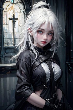 (masterpiece,  top quality,  best quality,  official art,  beautiful and aesthetic:1.2),  (1girl:1.3),  heterochromia , white hair,medium breasts, church, night, fullmoon,