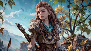 (masterpiece, best quality)1girl, AloyHorizon, solo, long hair, brown hair, brown eyes, jewelry, closed mouth, standing, upper body, weapon, braid, cowboy shot, outdoors, sky, red hair, day, necklace, tree, blue sky, lips, looking to the side, fur trim, leaf, feathers, realistic, nose, branch, autumn leaves, tribal, multiple braids    ,AloyHorizon