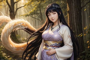 "Highest quality image, masterpiece, 1 girl, solo, ((Hinata Hyuuga, as a beautiful kitsune)), looking at viewer with a gentle smile, ((very pale skin)), beautiful gray eyes, long black hair, curvy body, wearing an elegant kimono adorned with fox motifs, multiple shimmering tails fanning out behind her, outdoors in a lush forest, illuminated by soft sunlight, perfect details, Kitsune_Hinata_HYUGA." 