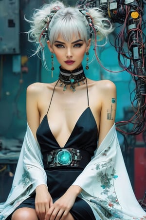 (by Carne Griffiths, Conrad Roset), 1girl,cyborg,android,mechanical, mechanical parts, mechanical joints, solo, sitting in a cyberpunk club,looking at viewer, short hair, bangs, , jewelry,, white hair, earrings, japanese seethrow clothes, , choker,  seethrow kimono,pleasure android, black choker, cyberpunk, smoke, cigarette, plastic kimono,sexy, smoking, egasumi m3,Dark Manga of,Dark Anime of,anime,see-through kimono,schpicy style