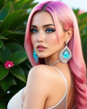 Beautiful woman, with long, straight platinum roots with pink tips hair, detailed blue eyes, full body, very real, hot curvy body, big buttocks and huge symmetrical breast, big hip, full body, perfect blue symmetrical eyes, 4k, good-looking young female, tight slit mini skirt clothes, pretty woman in her 20s, long pink roots with platinum tips hair, beautiful detailed blue color in both eyes, round earrings, pretty diamond necklace, slim curvy figured woman, flowery vibrant background, plants in background, portrait of a white women, realistic, ultra high details, symmetrical perfect face with perfect symmetrical red closed lips and beautiful eye catching eye lining, pretty and beautiful face, fancy tight sexy side slit dress, perfectly made hands and fingers, ultra high definition resolution, ultra 4K detailed eyes, pink roots and white ends hair, thin beautiful fingers with long beautiful nails, full body portrait, enjoying, lots of people at background, ultra sharp, perfect composition, beautiful detailed intricate insanely detailed octane render trending on, 8 k artistic photography, photorealistic concept art, soft natural