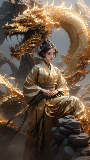 masterpiece, top quality, best quality, official art, beautiful and aesthetic:1.2), (1girl:1.3), , girl, black hair, hanfu fashion, chinese dragon,  white dragon, (golden theme:1.5), volumetric lighting, ultra-high quality, photorealistic, misty rock moutain background,1girl锛� roujinzhi,