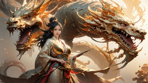 masterpiece, top quality, best quality, official art, beautiful and aesthetic:1.2), (1girl:1.3), , girl, black hair, hanfu fashion, chinese dragon,  white dragon, (golden theme:1.5), volumetric lighting, ultra-high quality, photorealistic,moutain and sea background,weapon,(gigantic breasts:1.6),