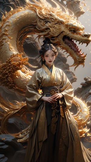 masterpiece, top quality, best quality, official art, beautiful and aesthetic:1.2), (1girl:1.3), , girl, black hair, hanfu fashion, chinese dragon,  white dragon, (golden theme:1.5), volumetric lighting, ultra-high quality, photorealistic, misty rock moutain background,1girl锛� roujinzhi,