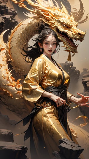 masterpiece, top quality, best quality, official art, beautiful and aesthetic:1.2), (1girl:1.3), , girl, black hair, hanfu fashion, chinese dragon,  white dragon, (golden theme:1.5), volumetric lighting, ultra-high quality, photorealistic, misty rock moutain background,weapon,breasts