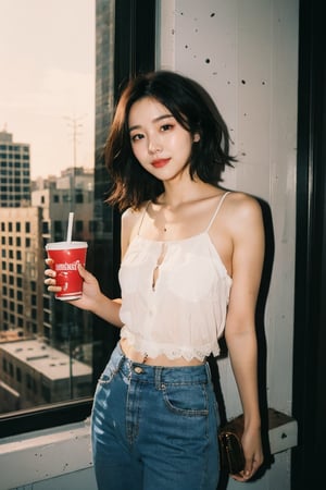 (masterpiece, RAW photo), portrait photo of a trendy beautiful girl standing next to a high rise window, short wavy hair, lace, intricate, , 50mm, f/1. 4, high detail, sharp focus, cowboy shot, rim light, sunset, 8K UHD ,  
holding,holding cup,jeans,brown hair,disposable cup,long hair,realistic,bag,standing,brown eyes,looking at viewer,black hair,camisole,blue pants,