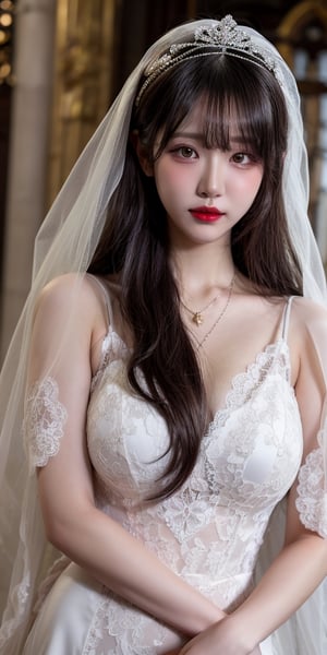 masterpiece,1girl,(mature female:0.5),tall body,golden proportions,(Kpop idol),(shiny skin:1.2),(oil skin:1.1),makeup,(close up),(church background),depth of field,(closed mouth:0.5),((long wavy brown hair)),(puffy eyes),(eyelashes:1.1),(parted lips:1.1),red lipstick,fantasy art style,dreamy light,(lace wedding dress:1.2),full body,(dreamy veil:1.1),(dusk:1.2),princess shoes,(diamond necklace),(crystal hairpin),tyndall effect,highres,asian girl,sohee