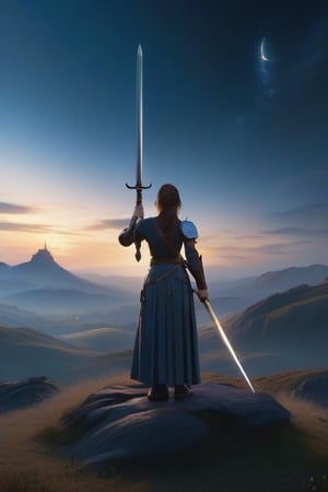 high quality, Imagine a beautiful enchanting female swordsman holding a sword inscribed with runes, silhouetted by soft moonlight as hazy blue celestial light illuminates a hill adorned with many swords. A sword decorated with runes, in this unrealistic landscape she stands in a posture of reverence, she closes her eyes in her meditative prayer, emanating from the runes Surrounded by mysterious energy, Each rune tells a tale of ancient power, and as she prays, the swords around her resonate with the echoes of legendary heroes, enhances the ethereal beauty of the scene, creating a moment where the magical and the mortal intertwine seamlessly, by yukisakura, awesome full color,Renaissance Sci-Fi Fantasy,Vogue