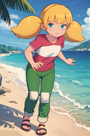 masterpiece, best quality, 1girl, penny, blonde hair, twintails, blunt bangs, blue eyes, red shirt, (white reinforced knee green pants),  looking at viewer, standing, full body, sea, sand, tropical island background, lora:Penny:1