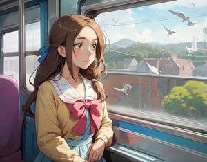 girl on the train bored,bored,looking out window,birds flying outside,cute birds flying outside window,beautiful landscape,girl has bow in hair,anime,
