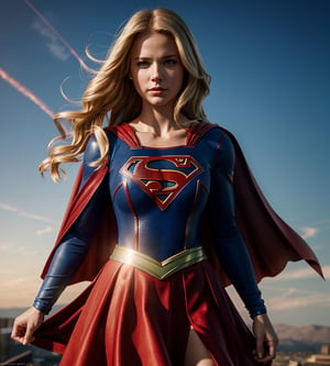 supergirl, hair blonde, skirt red, cape red, (Realistic),masterpiece,best quality,cinematic lighting,natural shadow,looking at viewer,Raw photo,8k,uhd,dslr,soft,lighting,high quality,film
