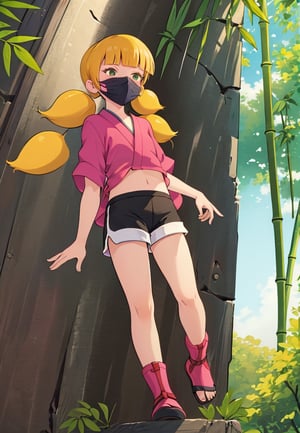 masterpiece, best quality, 1girl, penny, blonde hair, twintails, blunt bangs, flat chest, from below, lora:Penny:1, ninja, ninja_clothes, black skirt, white shorts, shorts under skirt, mask, kunoichi, bamboo forrest