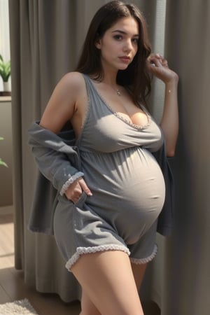 teen in her 20s, dark hair, ((huge) (saggy) breasts:1.2), extreme cleavage, high detail, raw photo, high contrast, photorealistic, pajamas, on clothes, hotel room, chubby body, wide hips, pregnant
