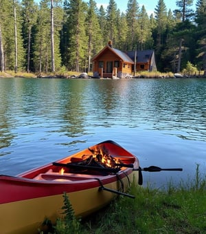 A serene lakeside cabin with a canoe and a campfire.