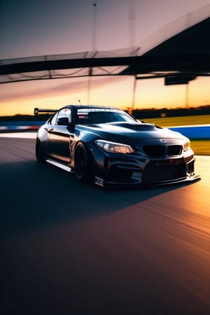 A silluete photo of a car drifting on a race track at dusk, taken with a high-speed action camera, equipped with a wide-angle lens, using natural light, and captured in a dynamic action photography style.