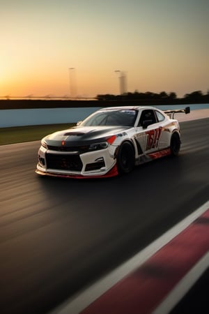 A silluete photo of a car drifting on a race track at dusk, taken with a high-speed action camera, equipped with a wide-angle lens, using natural light, and captured in a dynamic action photography style.