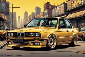 BMW E30, 325i, classic, low rider, stance, color banana yellow,comic book. front side view