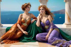 two gorgeous women, exquisite symmetric faces, serene expressions, make up, big light  ultra detailed eyes, one woman with blond curly, wind blown, thick hair, the other woman with straight thick wind blown light red hair, soft shiny skin, opulent, exquisite elaborate dresses draped in rich gold, purple, green gossimer thin see-through fabric, elaborate jewelry, gladiator strappy sandals, both women, best friends, lying on a fur rug recumbant, on an exquisite marble tile floor, smiling at each other, talking to each other, exquisite marble floor and architecture, vases, platters of fresh ripe fruits, bowls of olives, chalaces of red wine, background overlooking ocean from a greek palatial home, vivid blue ocean, islands in the distance, vivid clear blue sky,majestic,opulent,filigree jewelleries,john william godward, neo-classical pre-raphaelite, Sir Lawrence Alma Tadema style, rich colors,ultra detailed,magic,epic,fantasy,barok,(full body sideview:1.3), 