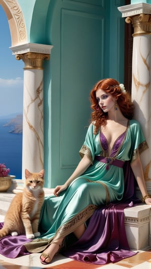 A gorgeous woman, exquisite symmetric face, serene expression, make up, big light green ultra detailed eyes, curly, wind blown, thick red hair,soft shiny skin, opulent, exquisite elaborate dress in purples, red, gold, satin and silk gossimer fabric, gladiator strappy sandals, lounging on a fur rug, exquisite marble floor and architecture, vases, platters of fresh ripe fruits, bowls of olives, chalaces of red wine, realistic fluffy cute kittens playing with ribbons and each other, background overlooking ocean from a greek palatial home, vivid blue ocean, islands in the distance, blue sky,majestic,opulent,filigree jewelleries,john william godward, classical pre-raphaelite style, rich colors,untra-detailed,magic,epic,fantasy,barok,(full body sideview:1.3), 