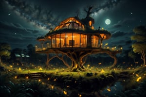 night sky, firefliesfireflies, DonMG414, Ultra realistic, hyper realistic, photo realistic, Massive fantastical tree house, night time, isometric, 