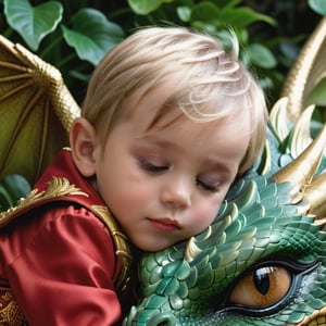 ultradetailed photorealistic close-up photo of a (subject: 2-year-old boy). (He)’s dressed in royal attire and is sleeping, cuddled up next to a winged dragon. The image features highly detailed eyes and intricate skin textures for both the (boy) and the dragon. The scene is set against the backdrop of a mysterious garden, illuminated by soft, natural daylight, photography.