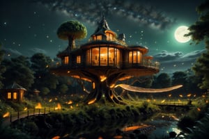 night sky, firefliesfireflies, DonMG414, Ultra realistic, hyper realistic, photo realistic, Massive fantastical tree house, night time, isometric, 