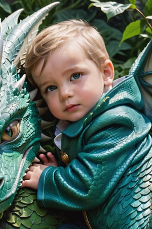 ultradetailed photorealistic close-up photo of a (subject: 2-year-old boy). (He)’s dressed in royal attire and is sleeping, cuddled up next to a winged dragon. The image features highly detailed eyes and intricate skin textures for both the (boy) and the dragon. The scene is set against the backdrop of a mysterious garden, illuminated by soft, natural daylight, photography.