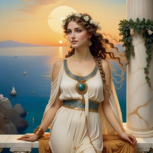 beautiful maiden, from Eresos or Mytilene on the island of Lesbos, greek woman, exquisite symmetric face, serene expression, make up, big light ultra detailed eyes, thick wavy  extremely long white blonde wavy, wind blown hair, elaborate hair braids and buns, soft shiny healthy skin, flowers in hair, opulent attire, maiden is wearing an elaborate, vivid colored revealing dress, beautiful maiden is standing next to a marble column looking out towards the sea, a mesmerizing vision of beauty, smiling, large marble vases with rich green plants & vines, marble architecture, the background is the ocean seen from a greek palatial home, vivid blue ocean, islands in the distance, sun setting on the horizon, stars visible, oil lamps flickering, hanging from high up on the columns, in the style of john william godward, Sir Lawrence Alma Tadema, neo-classical, pre-raphaelite, style, rich colors, ultra detailed, magic, epic, fantasy, baroque, (full body view, side view, head to toes), 
