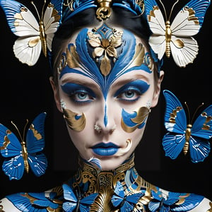 a ceramic of a white, blue and gold woman, in the style of tattoo-inspired, detailed facial features, asian-inspired, extravagant, body art, dreamlike installations, close up,BJ_Blue_butterfly