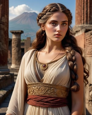 32k, large and very detailed eyes, ultra realistic details, beautiful mythic ancient pompeii woman, serene facial expression, elaborate very long braided hair, traditional pompeii female dress, floating, windy, messy hair, elaborate difficult, masterpiece, high quality, detailed cores, mount vesuvius, pompeii, italy, in background, shafts of light,  breathtaking beauty, pure perfection, mystical, cinematographic, full body shot, full body shot,
