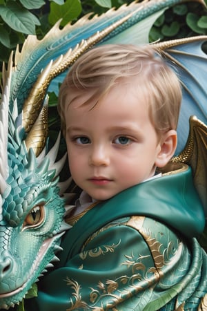 ultradetailed photorealistic close-up photo of a (subject: 2-year-old boy). (He)’s dressed in royal attire and is sleeping, cuddled up next to a winged dragon. The image features highly detailed eyes and intricate skin textures for both the (boy) and the dragon. The scene is set against the backdrop of a mysterious garden, illuminated by soft, natural daylight, photography.