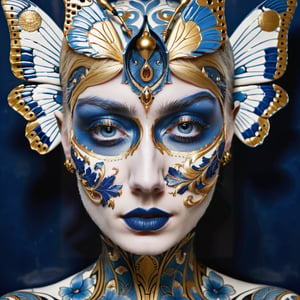 a ceramic of a white, blue and gold woman, in the style of tattoo-inspired, detailed facial features, asian-inspired, extravagant, body art, dreamlike installations, close up,BJ_Blue_butterfly,p3rfect boobs