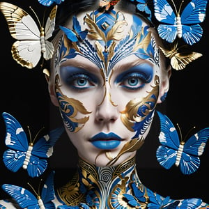 a ceramic of a white, blue and gold woman, in the style of tattoo-inspired, detailed facial features, asian-inspired, extravagant, body art, dreamlike installations, close up,BJ_Blue_butterfly